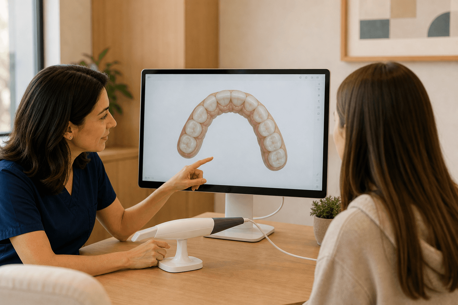 Image illustrative d'un diagnostic numérique : un modèle dentaire 3D affiché à l'écran et expliqué à une patiente.