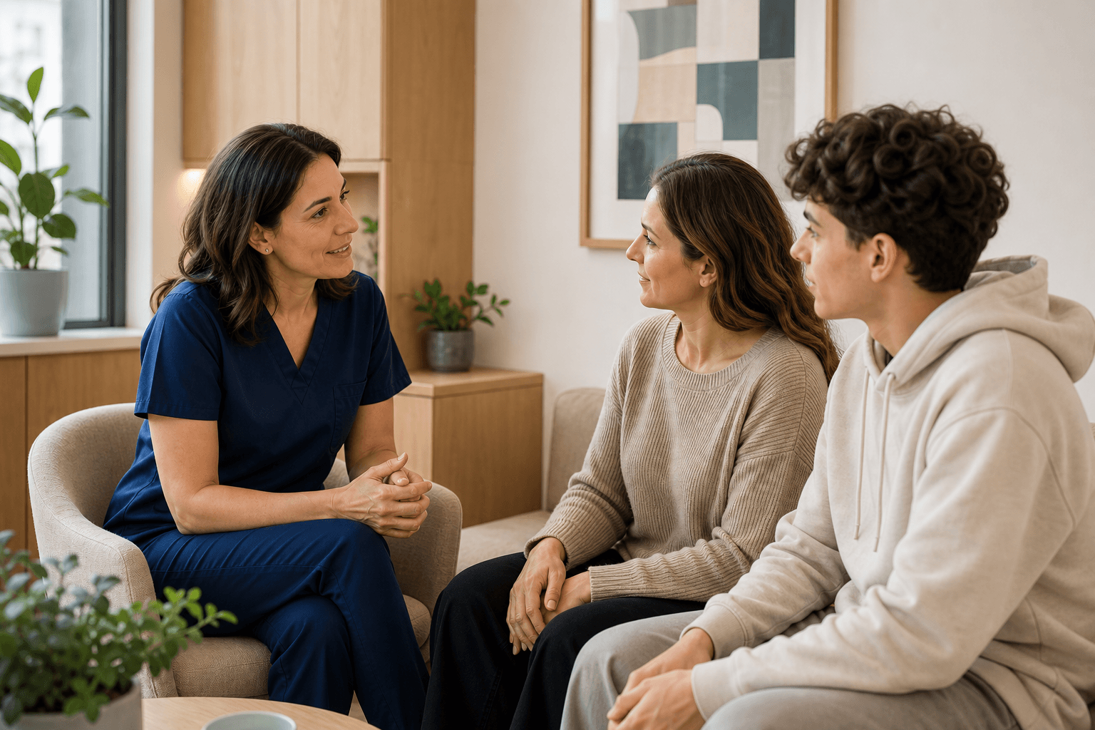 Consultation illustrative entre une orthodontiste, un parent et une adolescente.