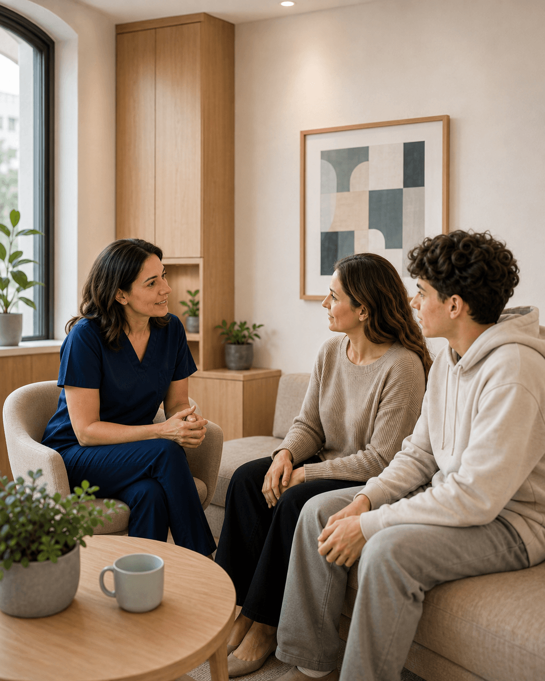 Consultation illustrative entre une orthodontiste, un parent et une adolescente.