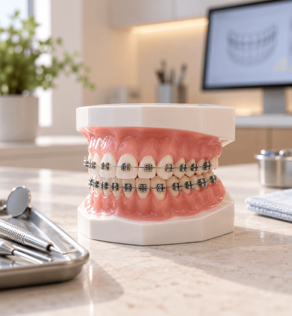Détail d’un appareil orthodontique fixe