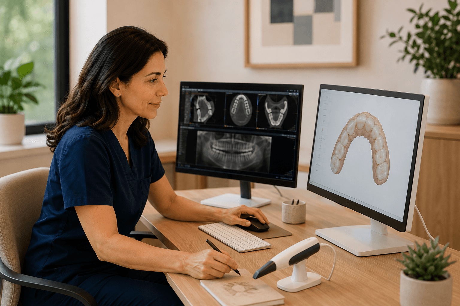 Image illustrative d'une orthodontiste préparant un plan de traitement devant deux écrans de diagnostic.