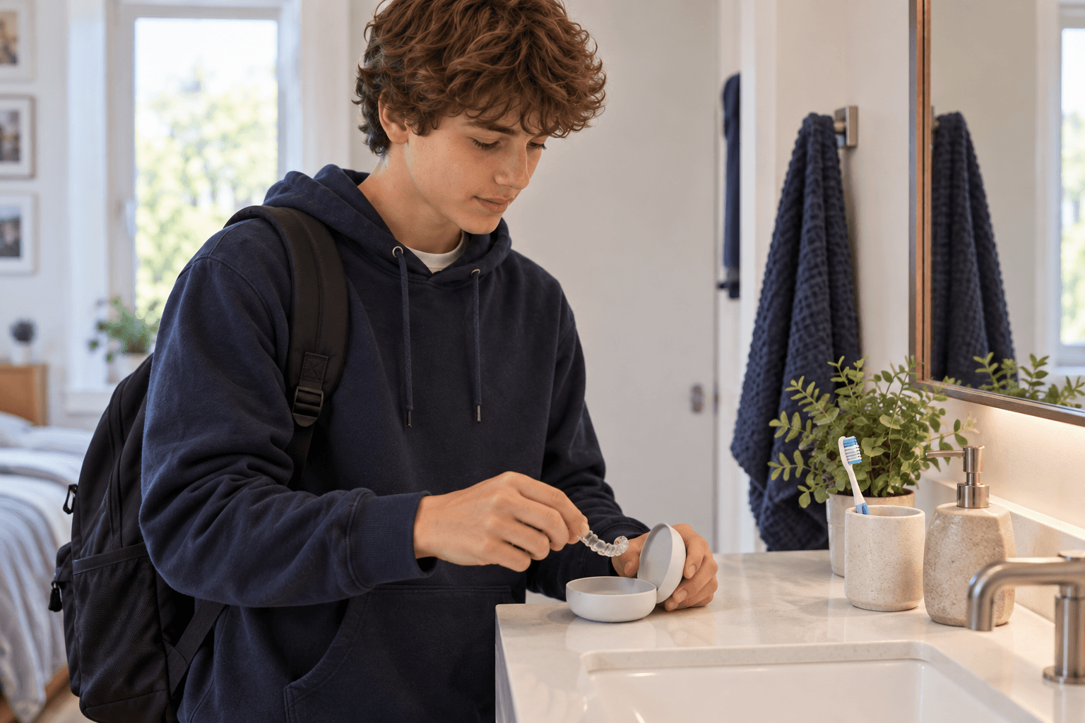 Teenager following an aligner routine